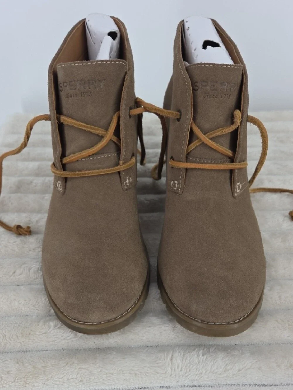 Sperry Brown Taupe Suede Wedge Lace-Up Ankle Boots